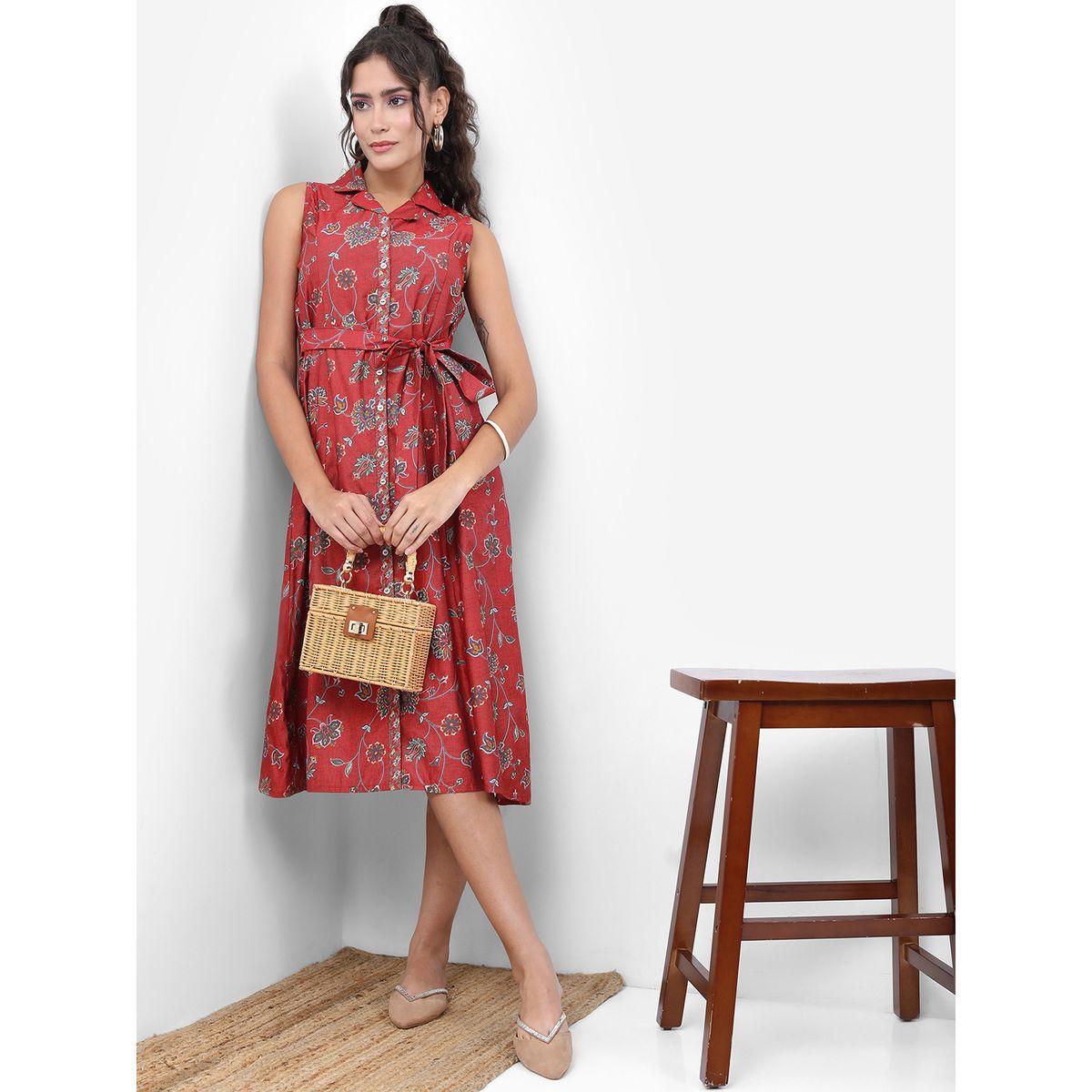 فستان ميدي بطبعة زهور ورباط-women-clothing-ethnicwear-dresses-image-1