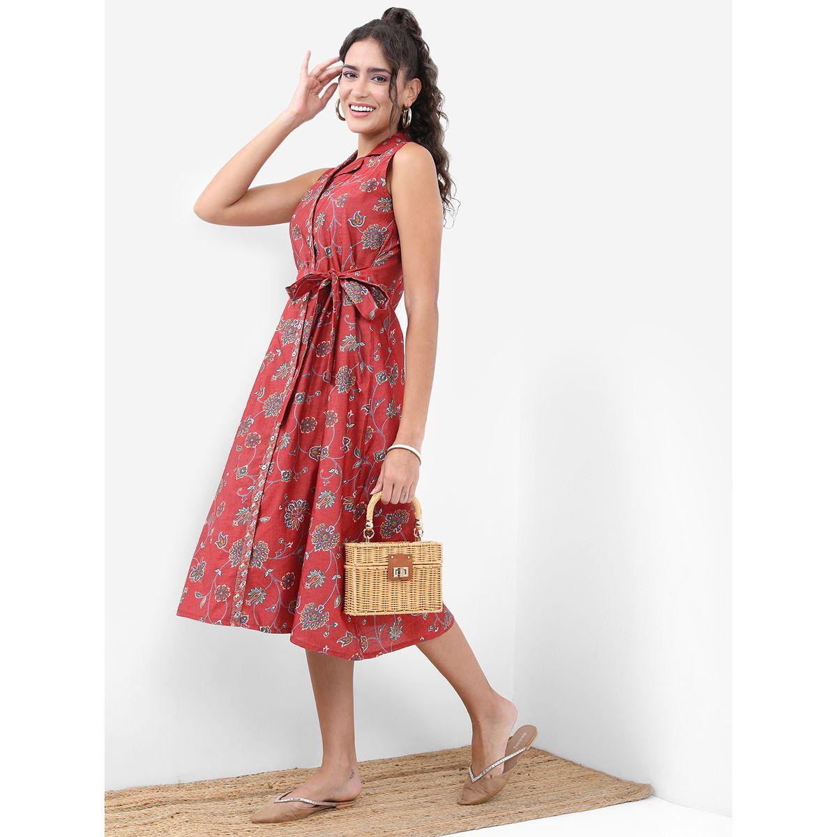 فستان ميدي بطبعة زهور ورباط-women-clothing-ethnicwear-dresses-image-4