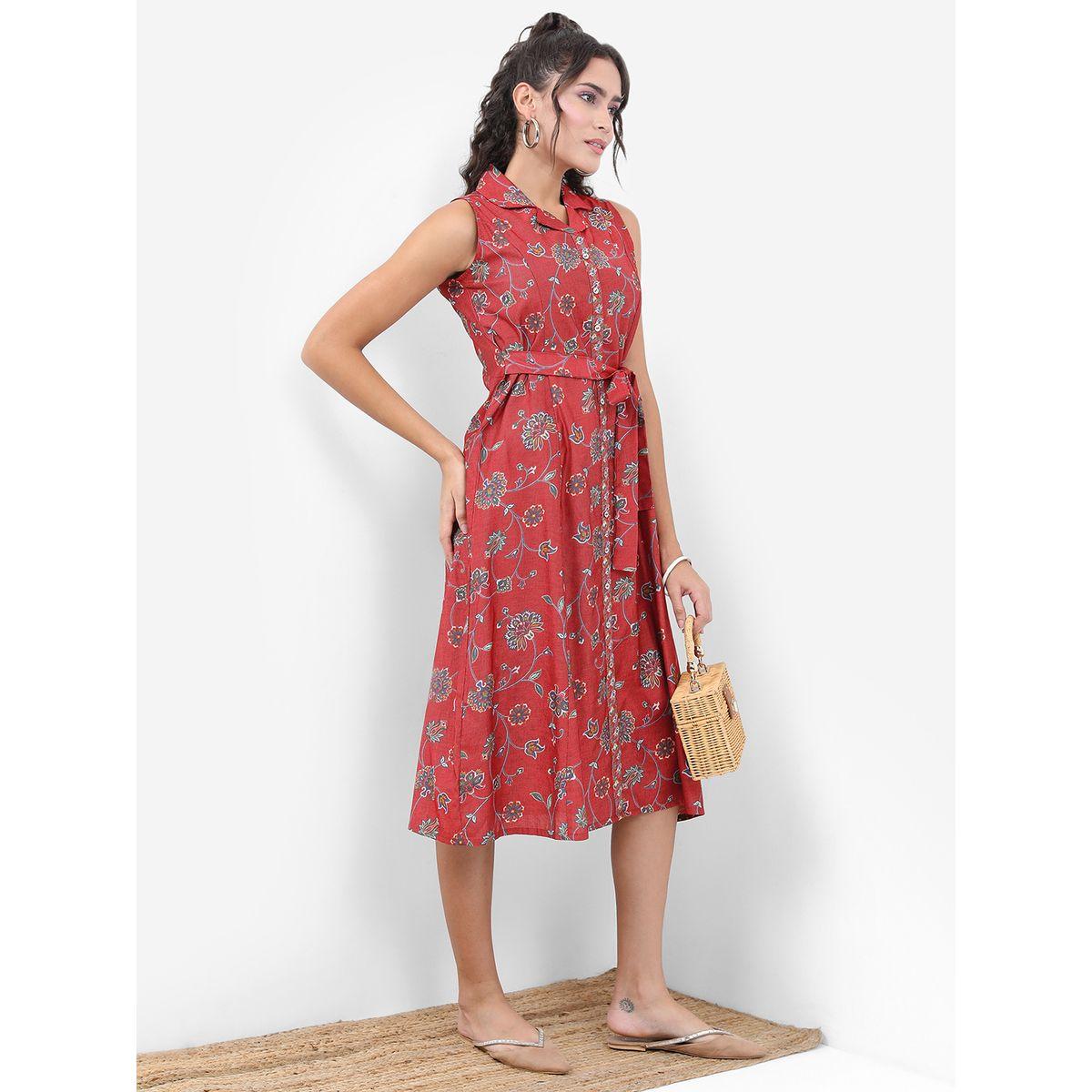 فستان ميدي بطبعة زهور ورباط-women-clothing-ethnicwear-dresses-image-6