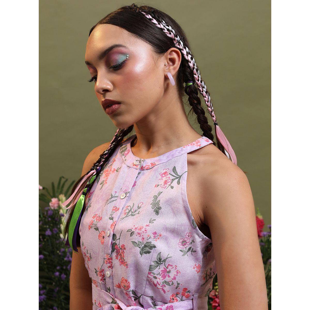 فستان ميدي مطبع بزهور مع ياقة هولتر وحزام-women-clothing-ethnicwear-dresses-image-2