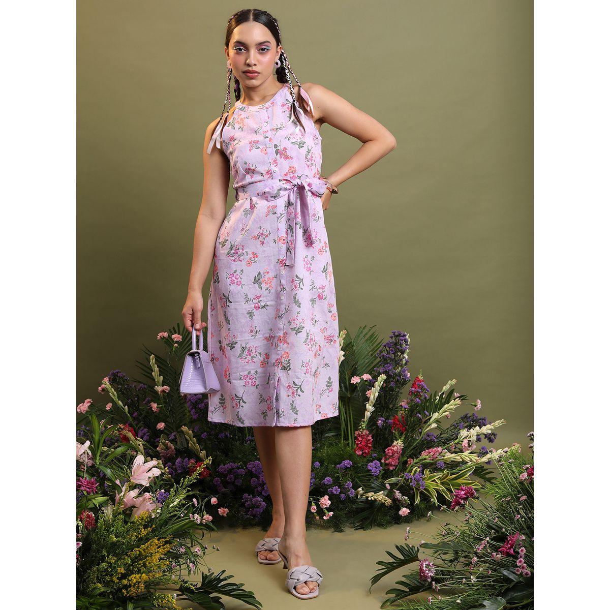 فستان ميدي مطبع بزهور مع ياقة هولتر وحزام-women-clothing-ethnicwear-dresses-image-4