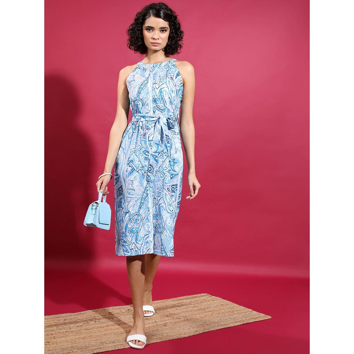 فستان ميدي مطبع بالكامل مع ياقة هولتر وحزام-women-clothing-ethnicwear-dresses-image-1