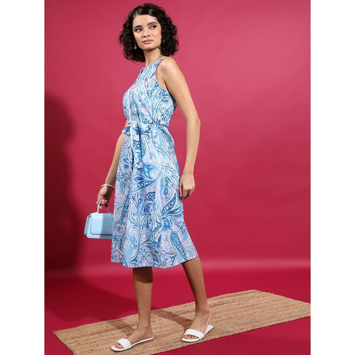 Vishudh All-Over Printed Halter Neck Sheath Midi Dress with Belt-women-clothing-ethnicwear-dresses-image-4
