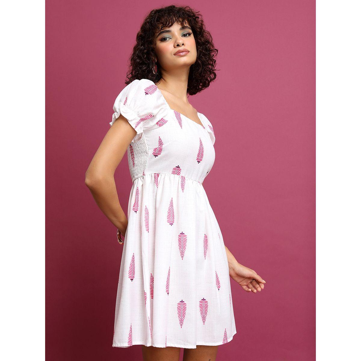 Vishudh White Ethnic Motif Printed Puff Sleeves A-Line Mini Dress-women-clothing-ethnicwear-dresses-image-6