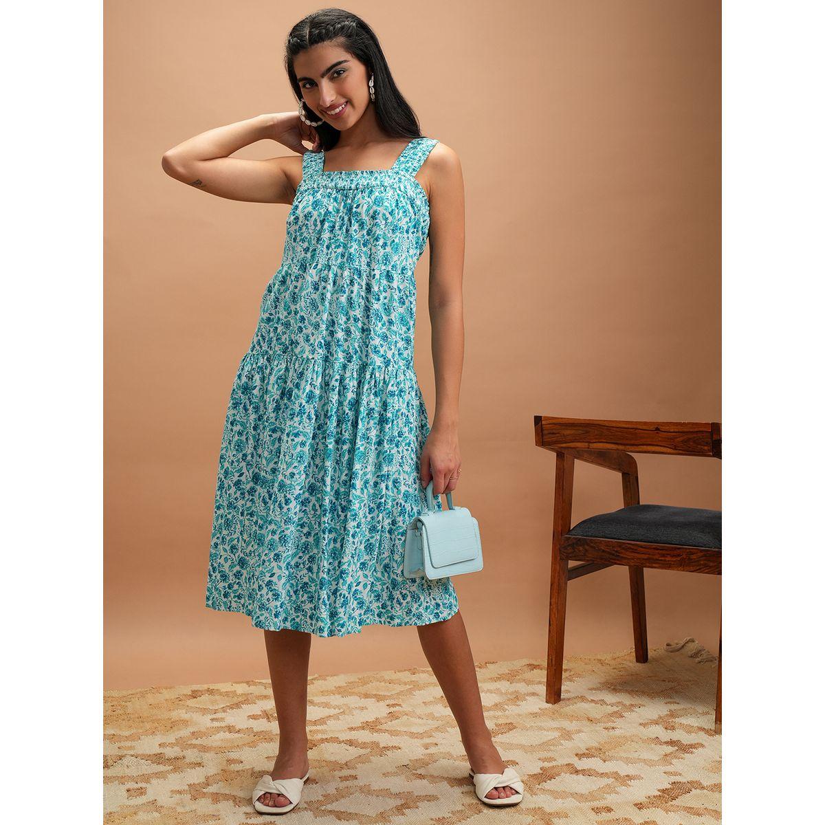فستان ميدي بحافة واسعة وطبعة زهور-women-clothing-ethnicwear-dresses-image-1