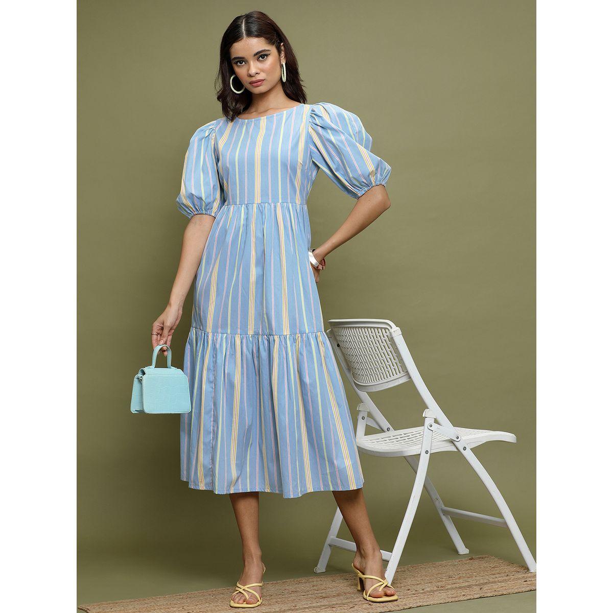 فستان ميدي مخطط بحافة واسعة وأكمام منفوخة-women-clothing-ethnicwear-dresses-image-1