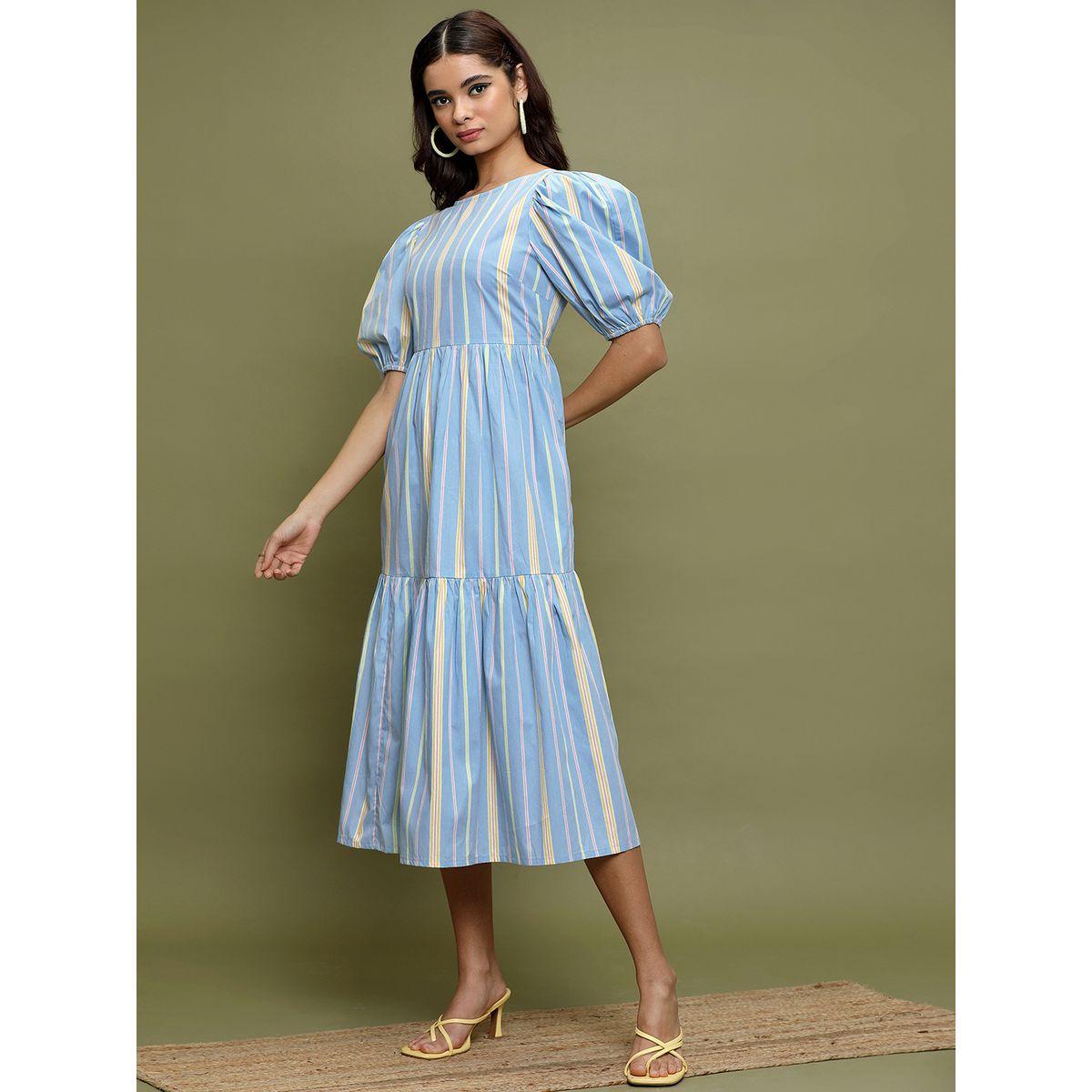 Vishudh Women Blue Striped Puff Sleeves A-Line Midi Dress-women-clothing-ethnicwear-dresses-image-2
