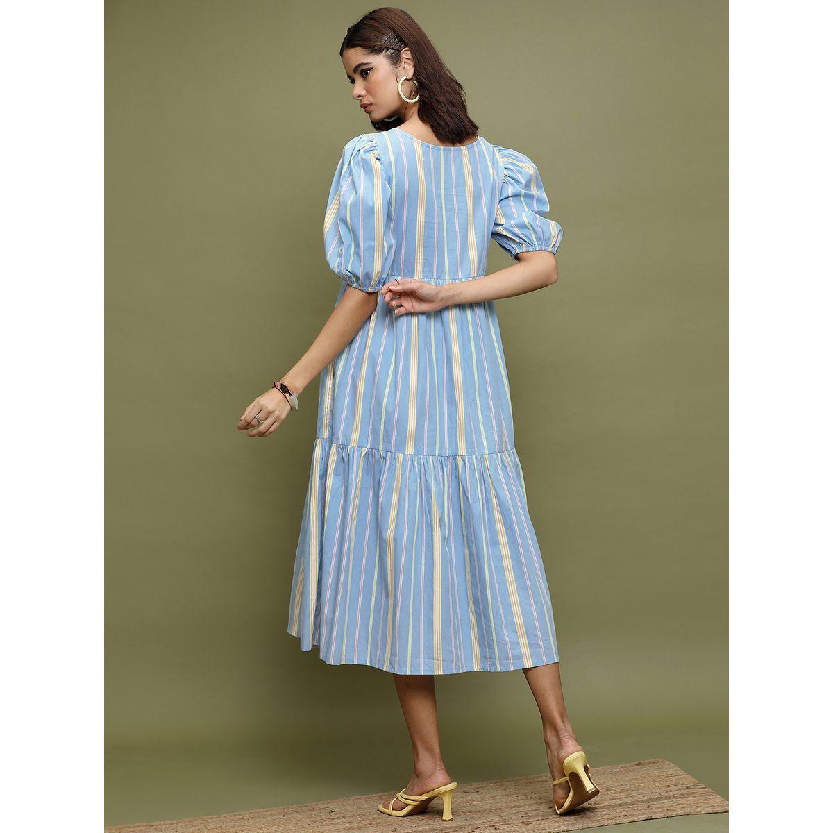 Vishudh Women Blue Striped Puff Sleeves A-Line Midi Dress-women-clothing-ethnicwear-dresses-image-3