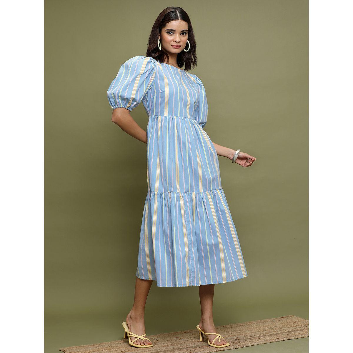 فستان ميدي مخطط بحافة واسعة وأكمام منفوخة-women-clothing-ethnicwear-dresses-image-4