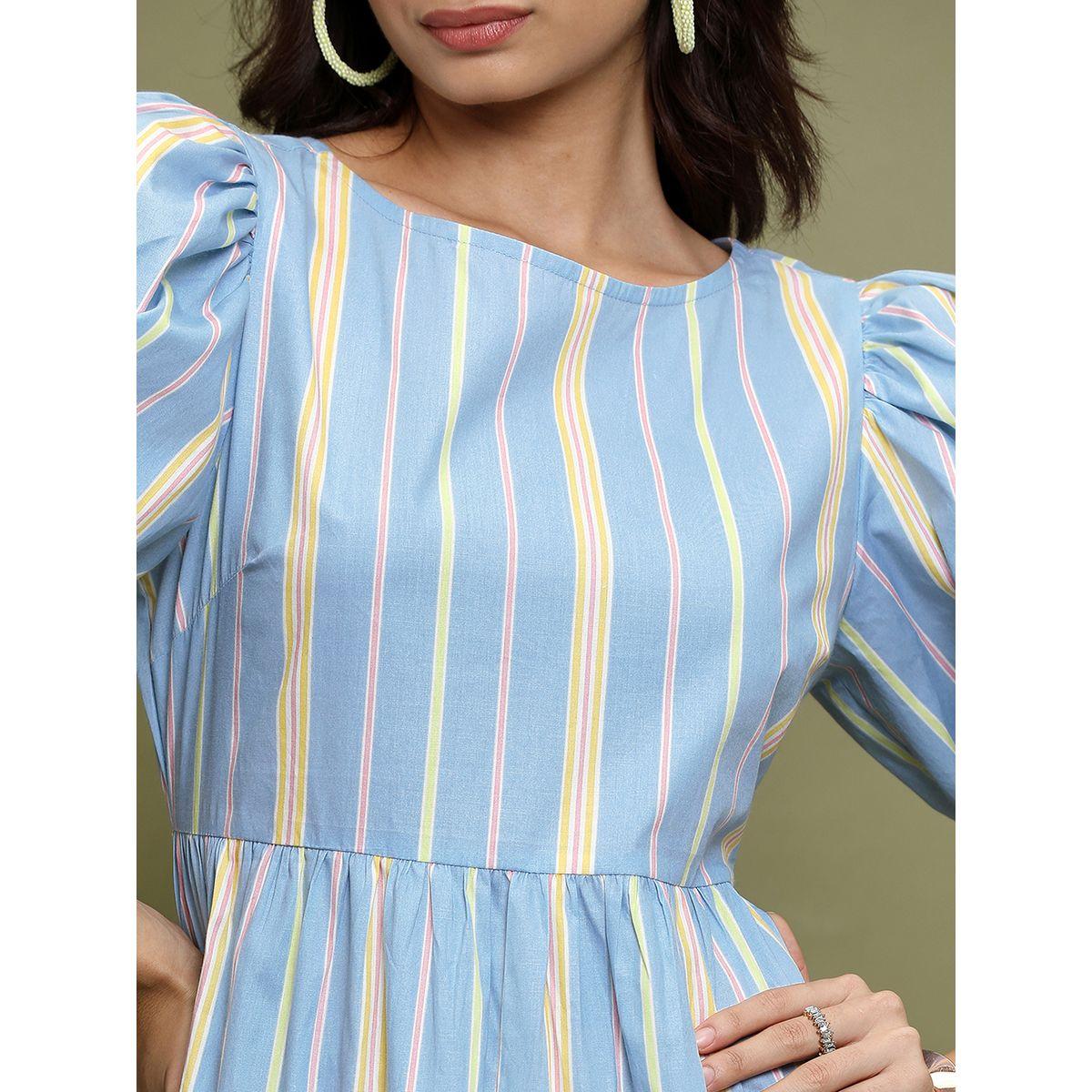 Vishudh Women Blue Striped Puff Sleeves A-Line Midi Dress-women-clothing-ethnicwear-dresses-image-5