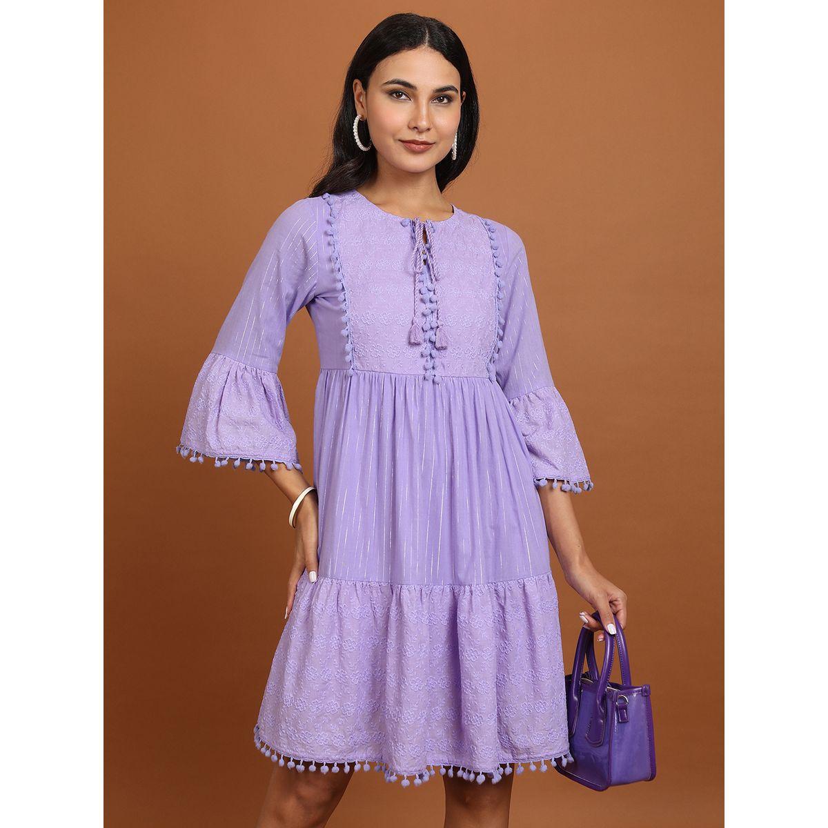 فستان قصير بتفاصيل مُطرّزة وياقة بأربطة-women-clothing-ethnicwear-dresses-image-1