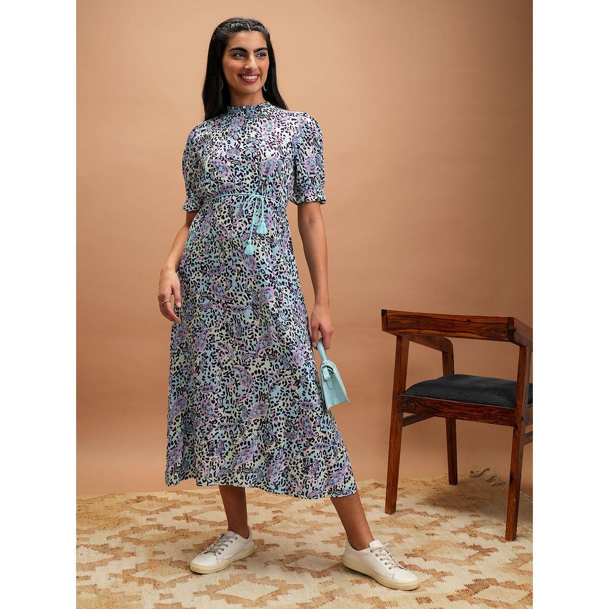 فستان ميدي بطبعة زهور وأكمام منفوخة-women-clothing-ethnicwear-dresses-image-1