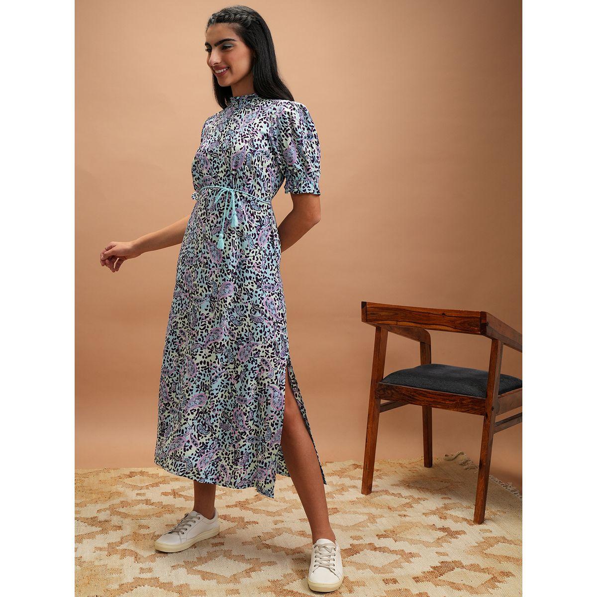 فستان ميدي بطبعة زهور وأكمام منفوخة-women-clothing-ethnicwear-dresses-image-3