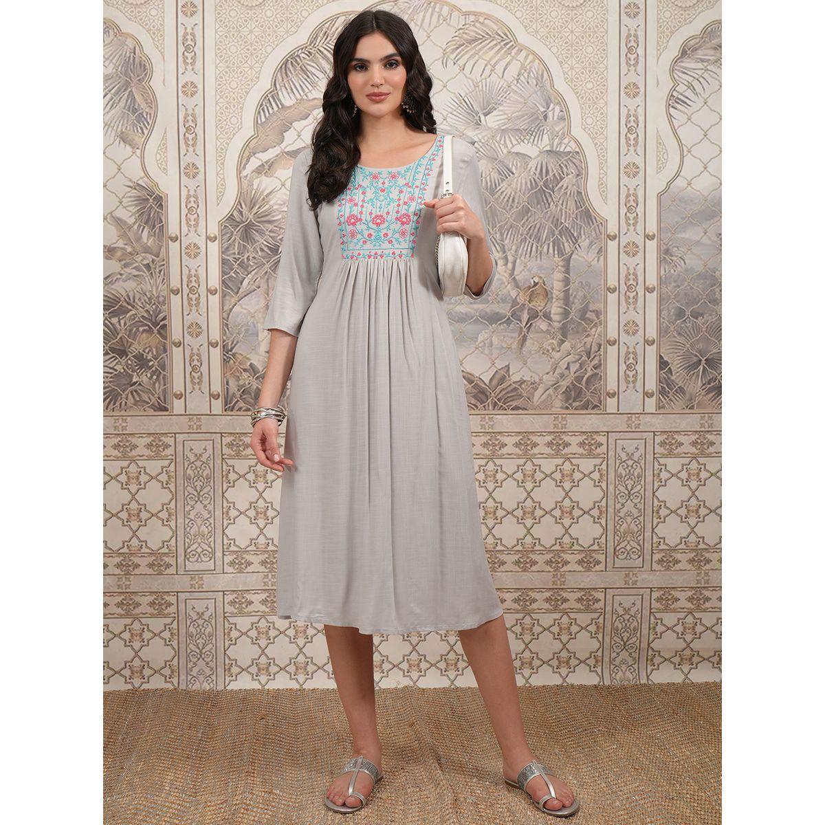 Vishudh Women Grey Embroidered Round Neck A-Line Midi Dress-women-clothing-ethnicwear-dresses-image-1