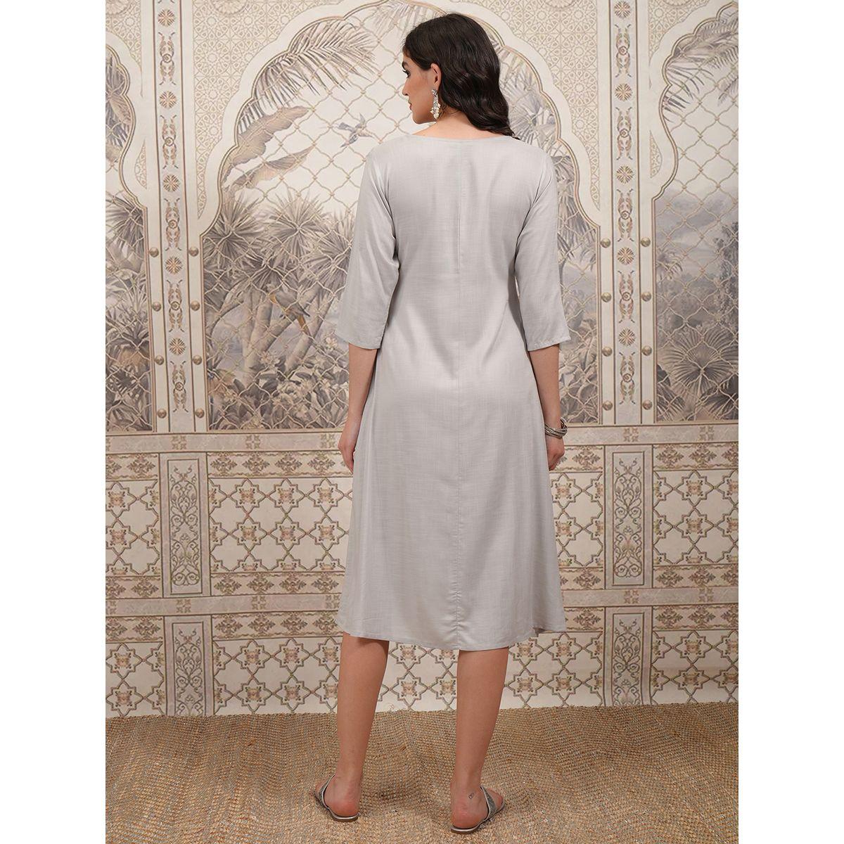 Vishudh Women Grey Embroidered Round Neck A-Line Midi Dress-women-clothing-ethnicwear-dresses-image-3