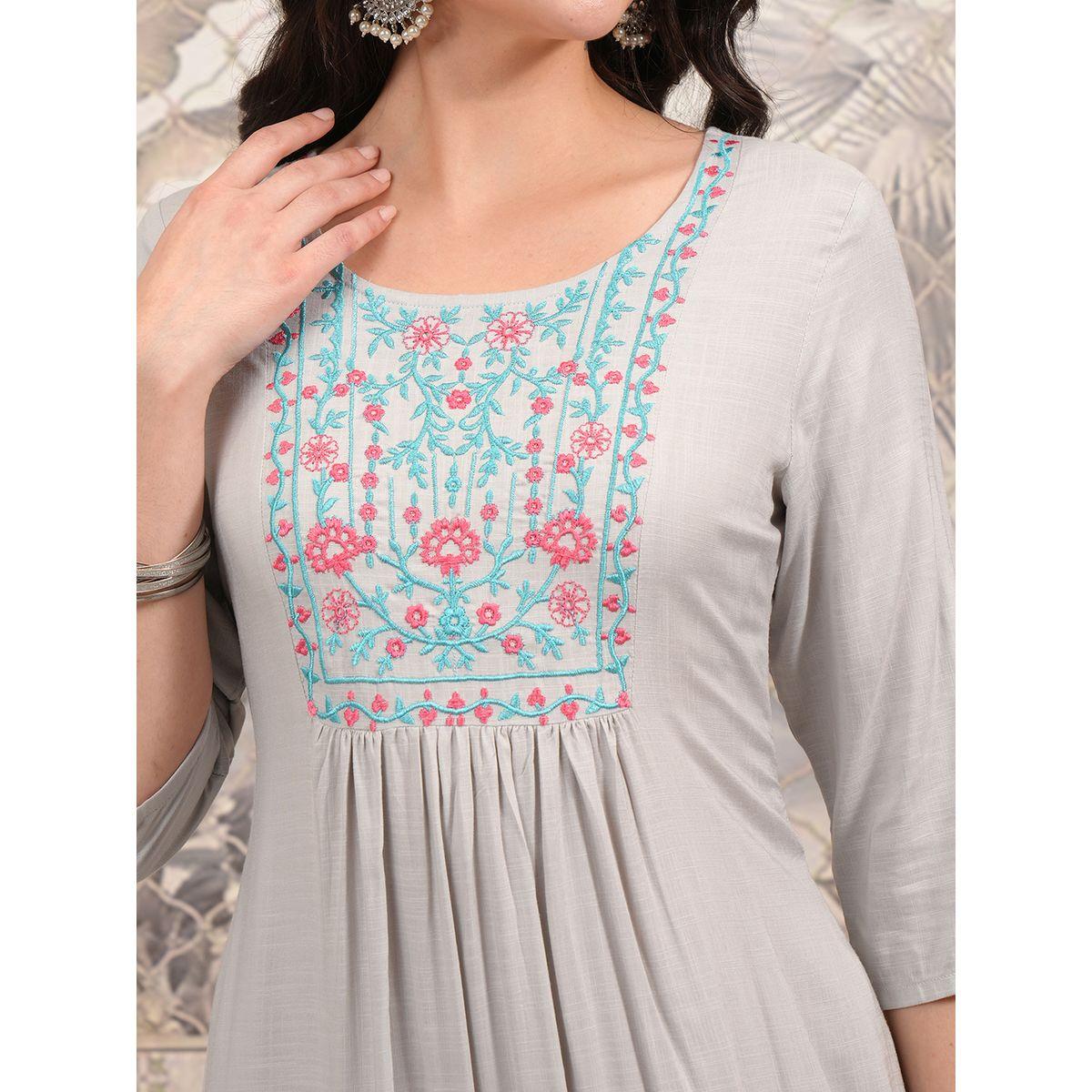 Vishudh Women Grey Embroidered Round Neck A-Line Midi Dress-women-clothing-ethnicwear-dresses-image-5