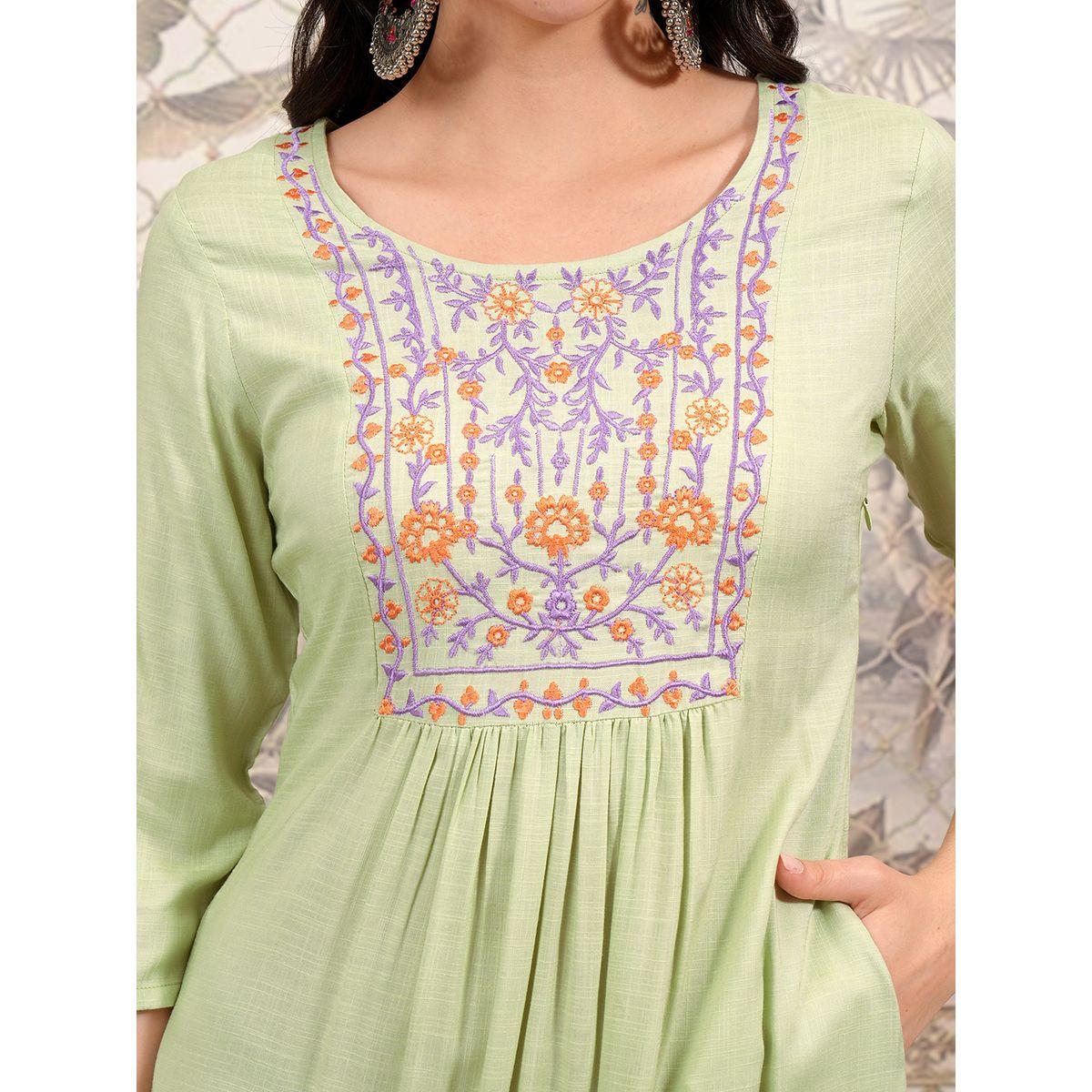 Vishudh Women Green Embroidered Round Neck A-Line Midi Dress-women-clothing-ethnicwear-dresses-image-5