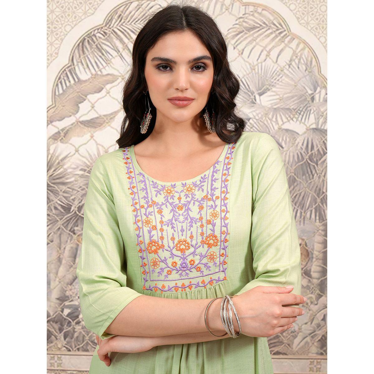 Vishudh Women Green Embroidered Round Neck A-Line Midi Dress-women-clothing-ethnicwear-dresses-image-6