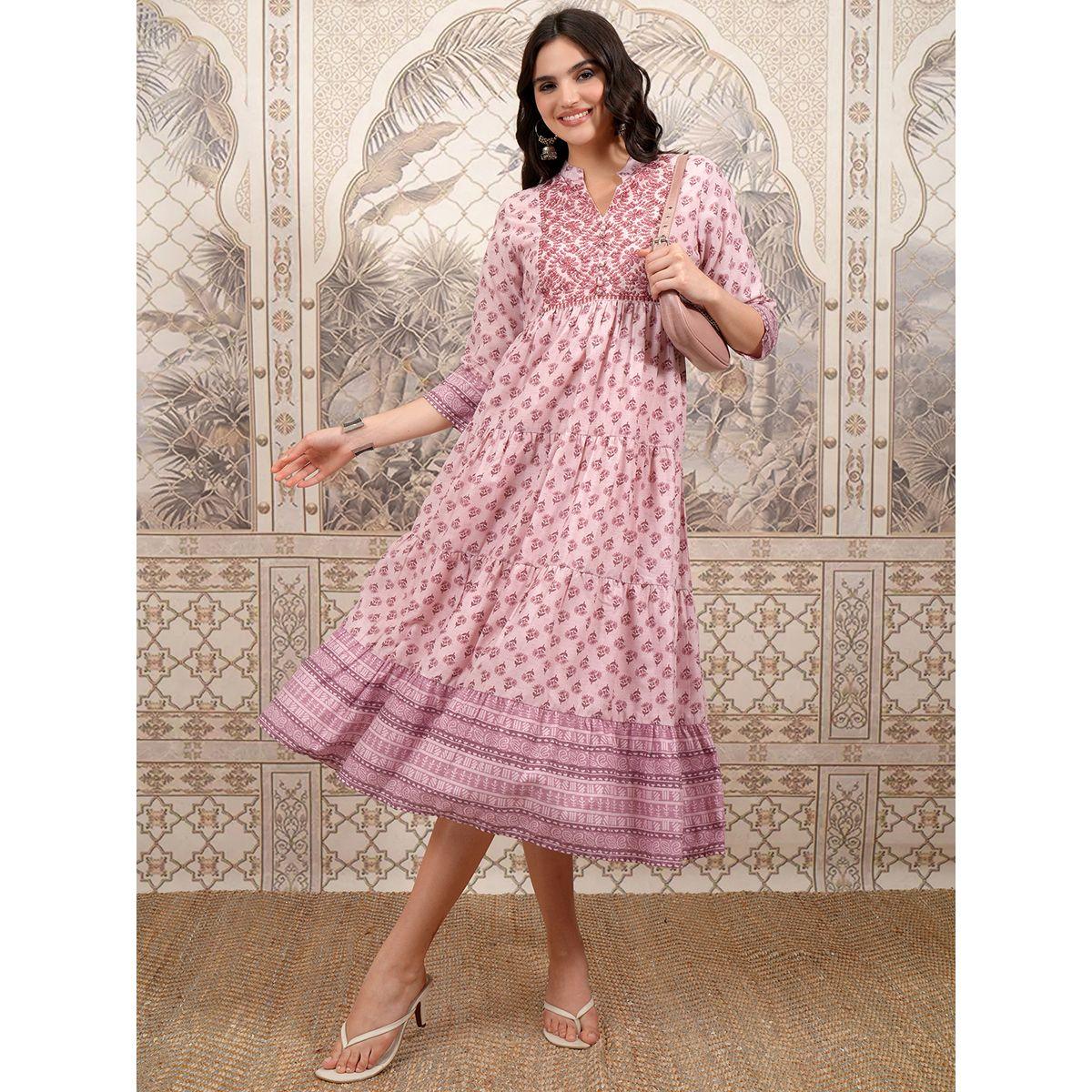 Vishudh Women Pink Ethnic Motifs Printed A-Line Midi Dress-women-clothing-ethnicwear-dresses-image-1