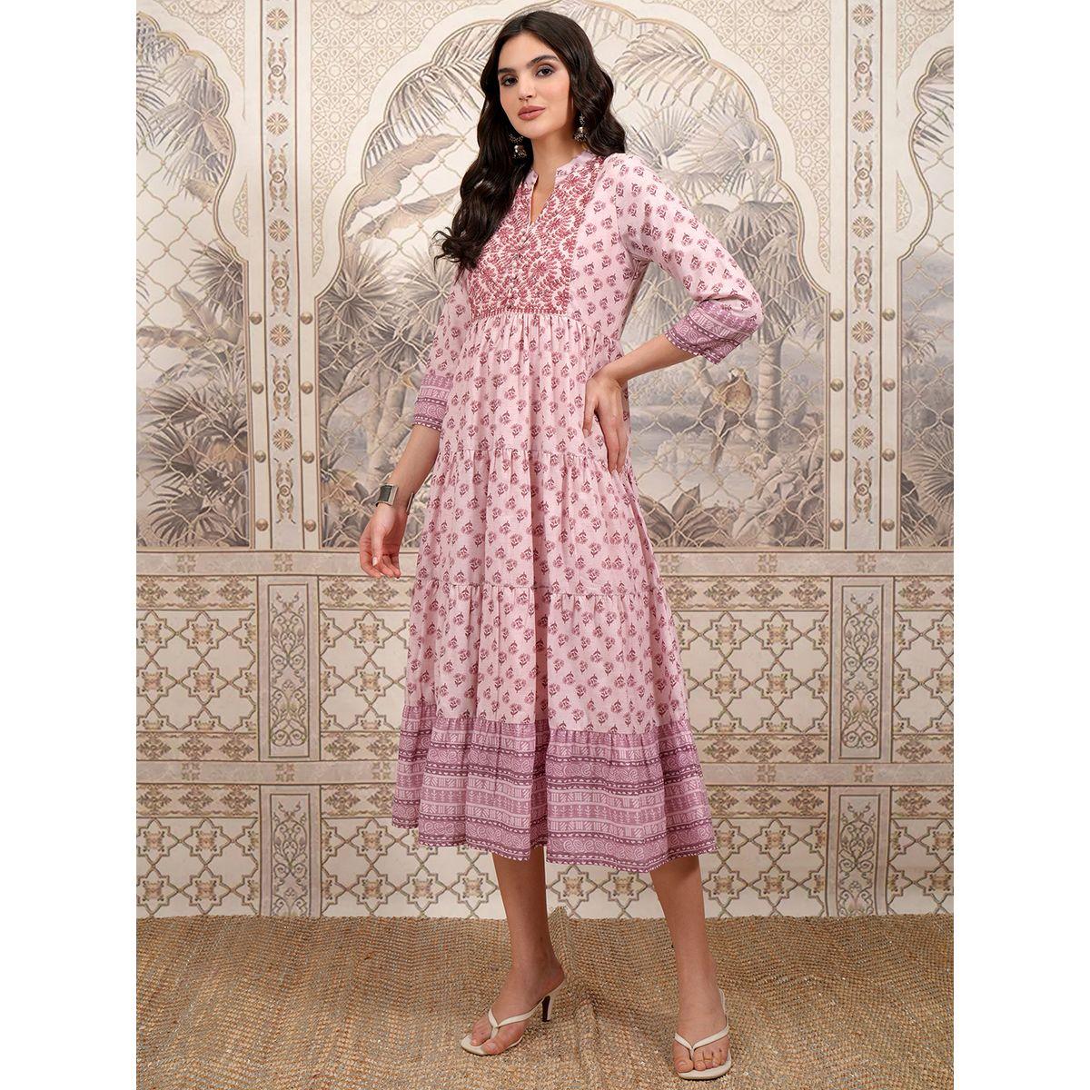 Vishudh Women Pink Ethnic Motifs Printed A-Line Midi Dress-women-clothing-ethnicwear-dresses-image-2