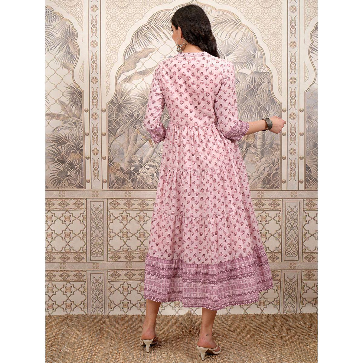 Vishudh Women Pink Ethnic Motifs Printed A-Line Midi Dress-women-clothing-ethnicwear-dresses-image-3