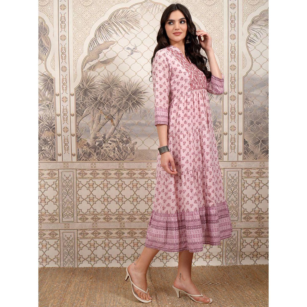 Vishudh Women Pink Ethnic Motifs Printed A-Line Midi Dress-women-clothing-ethnicwear-dresses-image-4
