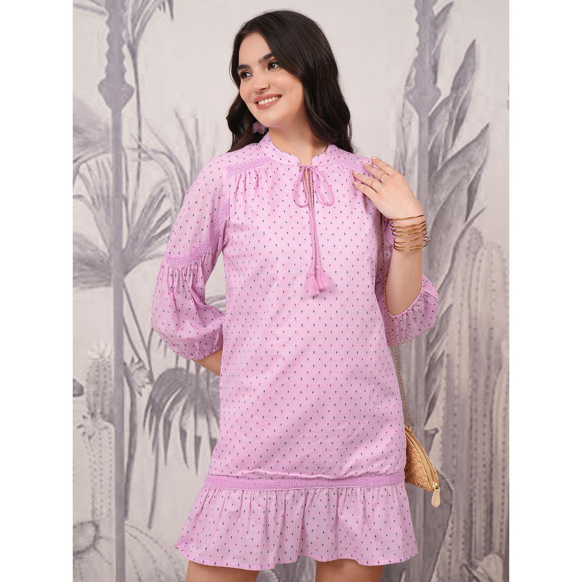 Vishudh Polka Dot Print Tie-Up Neck A-Line Mini Dress-women-clothing-ethnicwear-dresses-image-1
