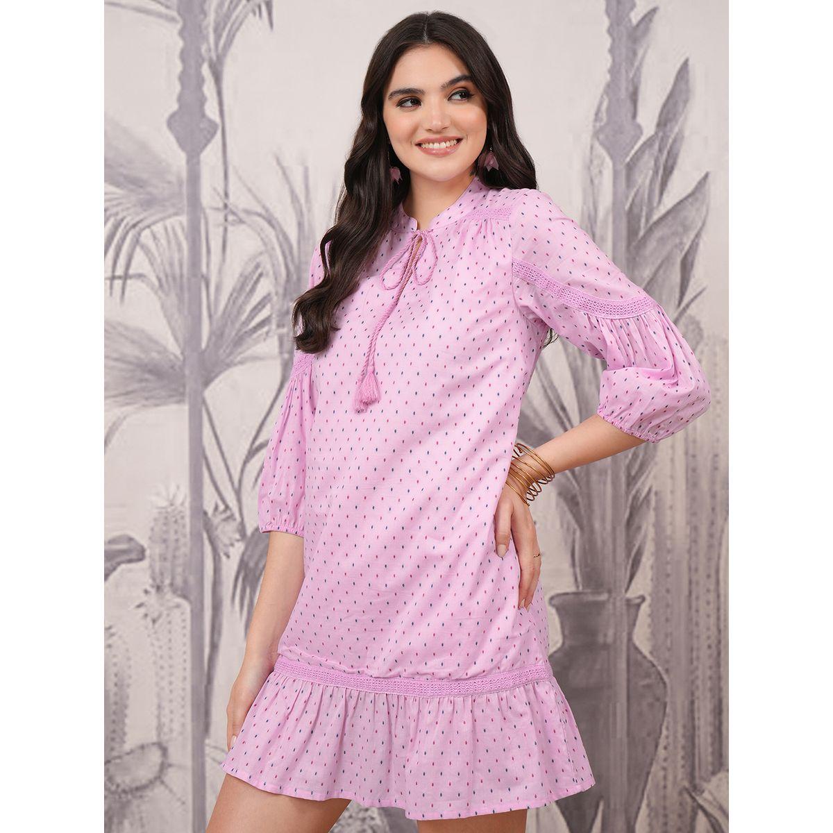 Vishudh Polka Dot Print Tie-Up Neck A-Line Mini Dress-women-clothing-ethnicwear-dresses-image-4