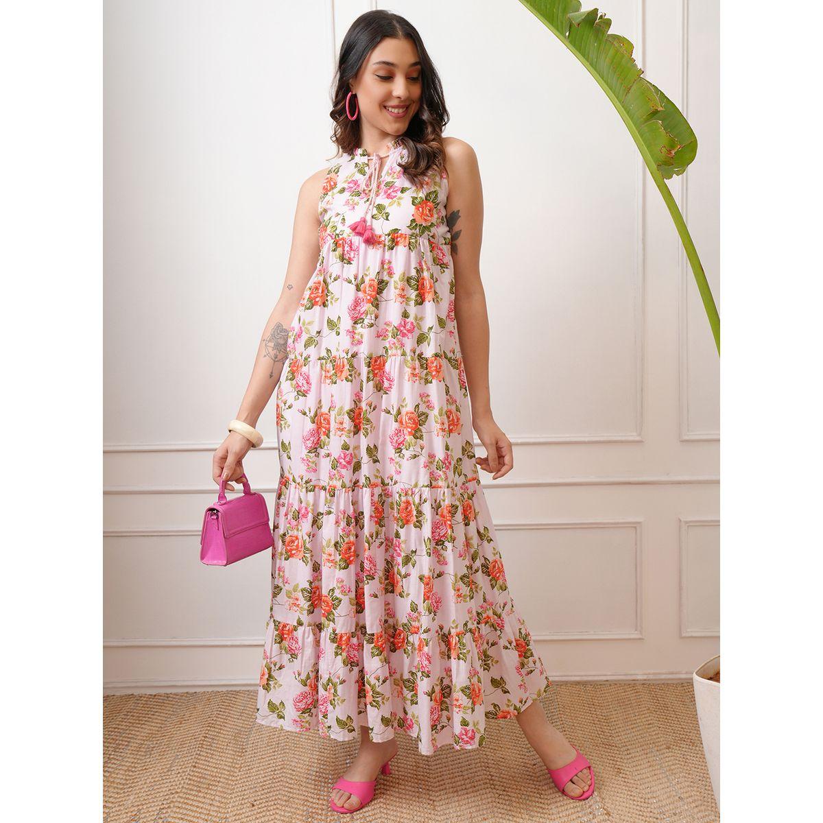 فستان طويل بلا أكمام مطبع بزهور مع كسرات-women-clothing-ethnicwear-dresses-image-1