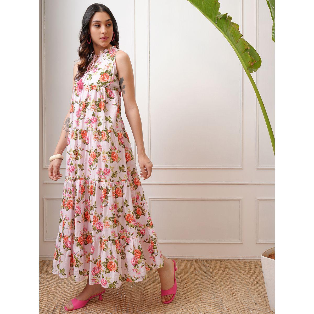 فستان طويل بلا أكمام مطبع بزهور مع كسرات-women-clothing-ethnicwear-dresses-image-2