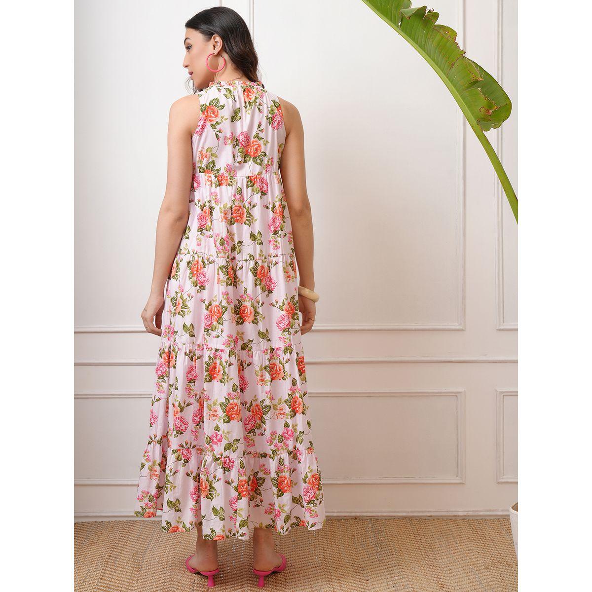 فستان طويل بلا أكمام مطبع بزهور مع كسرات-women-clothing-ethnicwear-dresses-image-3