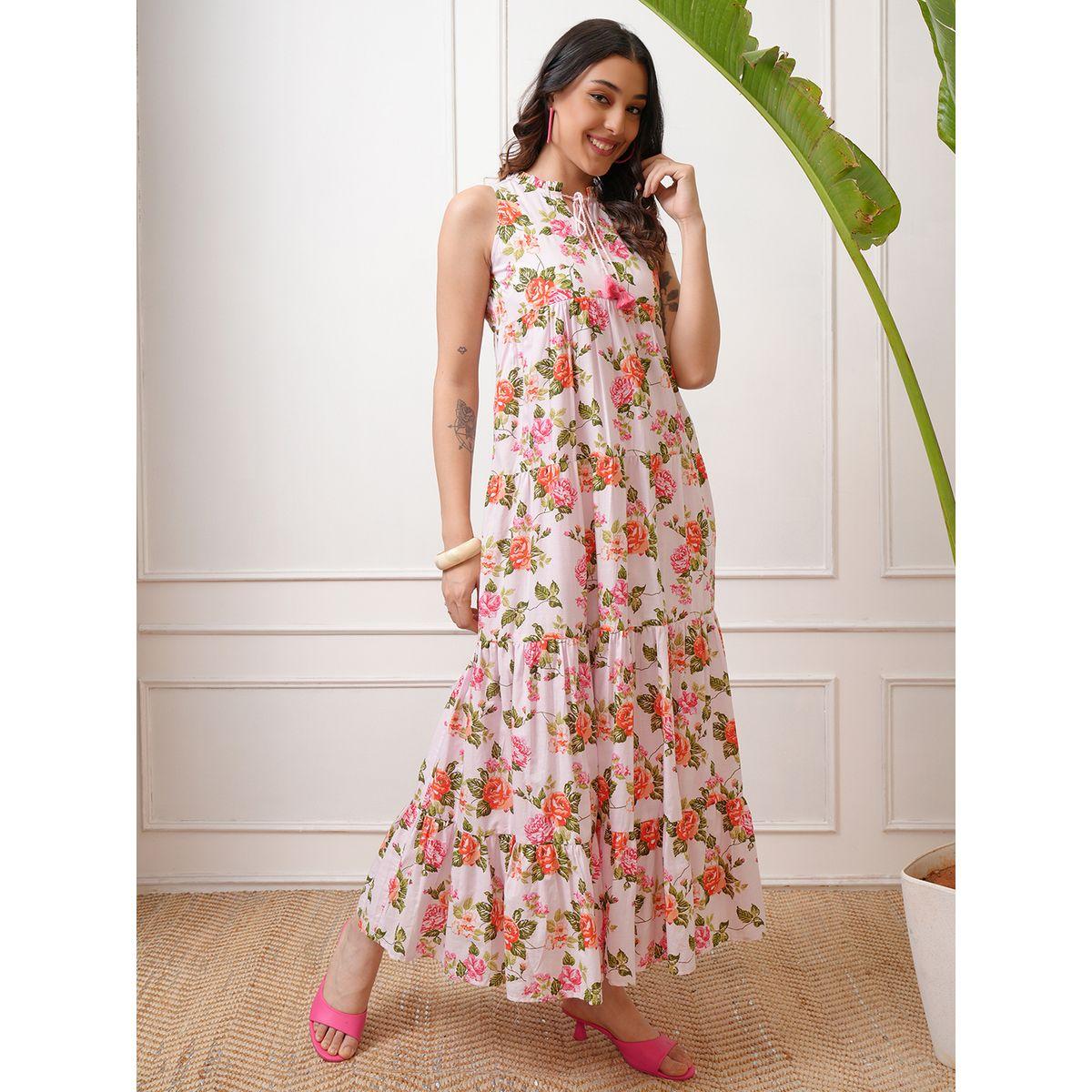 فستان طويل بلا أكمام مطبع بزهور مع كسرات-women-clothing-ethnicwear-dresses-image-4