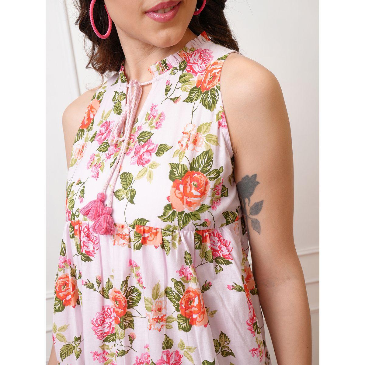 فستان طويل بلا أكمام مطبع بزهور مع كسرات-women-clothing-ethnicwear-dresses-image-5