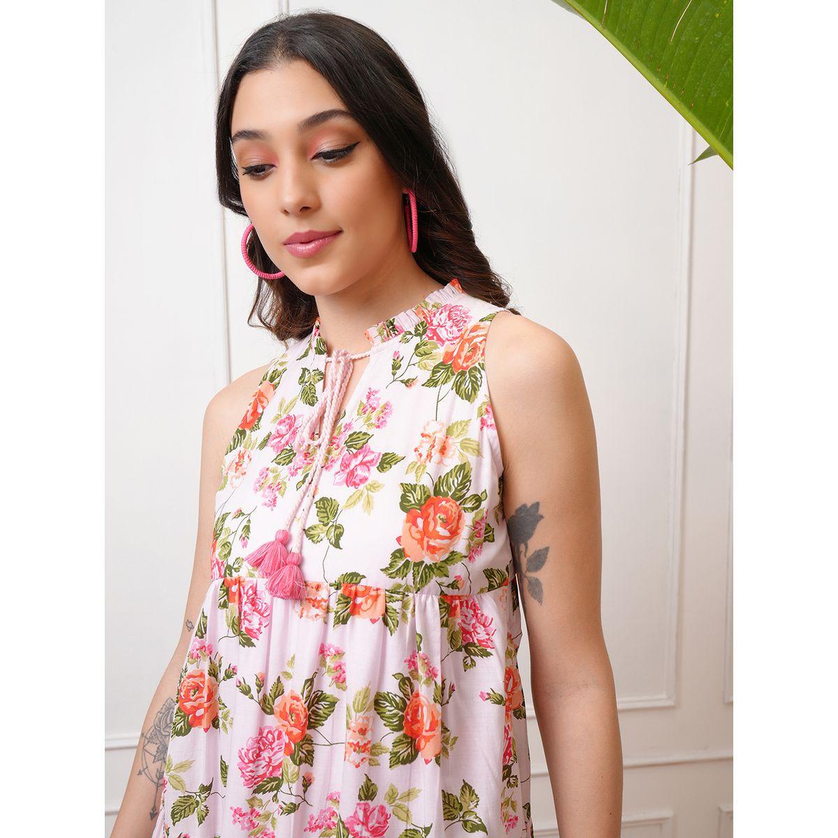 فستان طويل بلا أكمام مطبع بزهور مع كسرات-women-clothing-ethnicwear-dresses-image-6