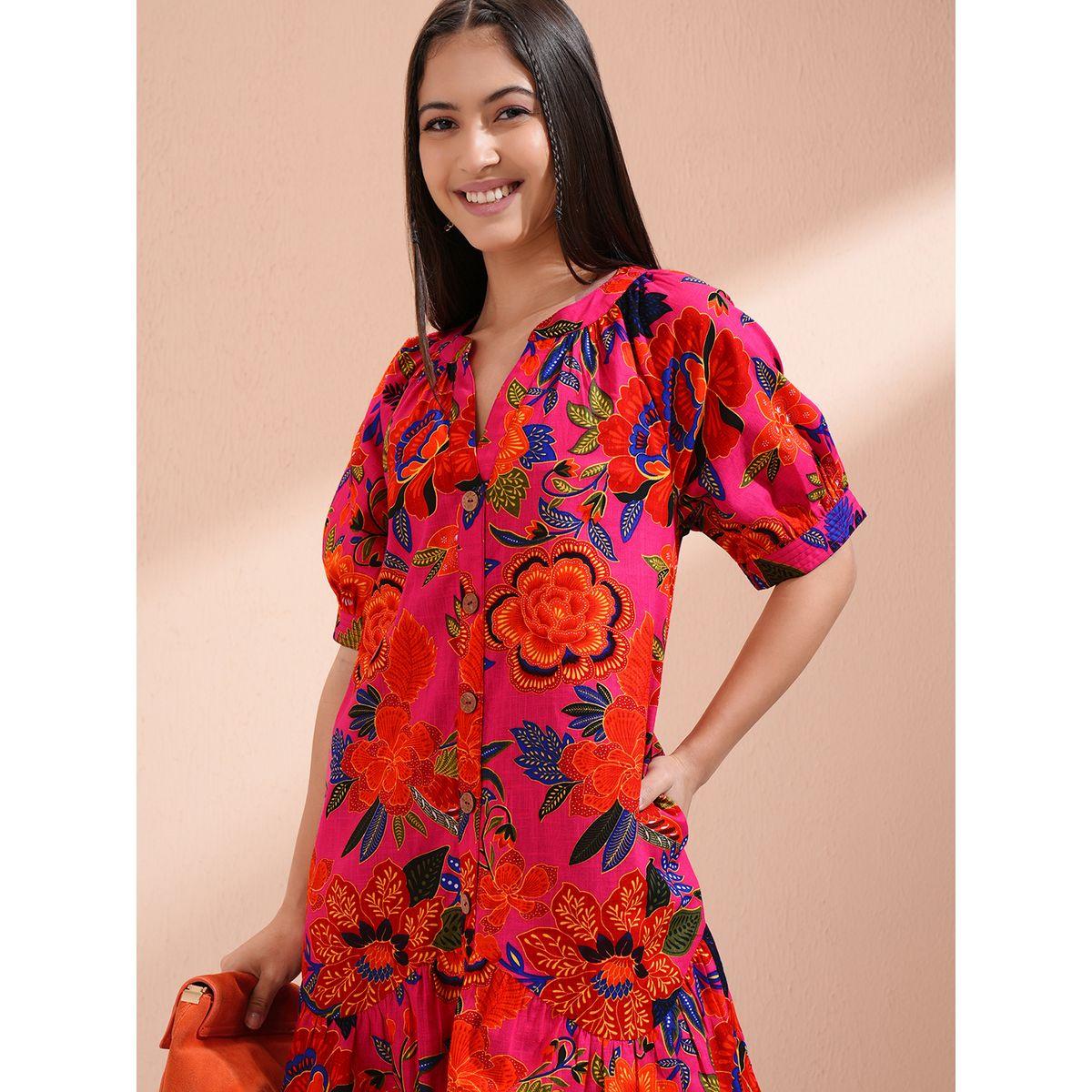 فستان قصير بطبعة زهور وأكمام منفوخة-women-clothing-ethnicwear-dresses-image-1