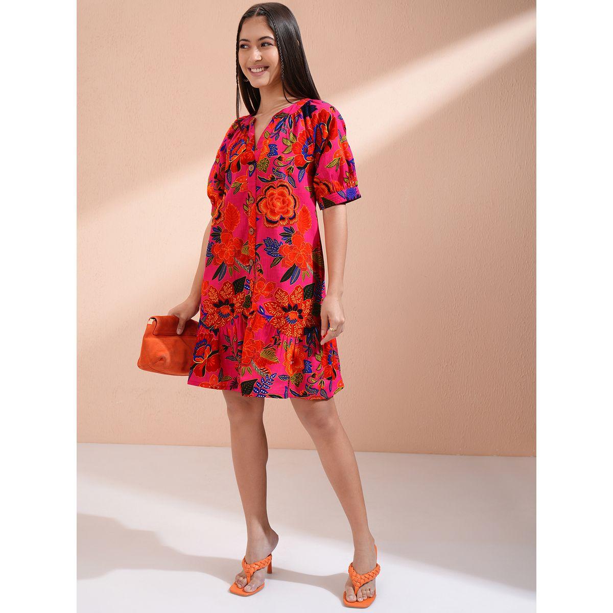 Vishudh Women Floral Print Puff Sleeves Cotton A-Line Mini Dress-women-clothing-ethnicwear-dresses-image-2