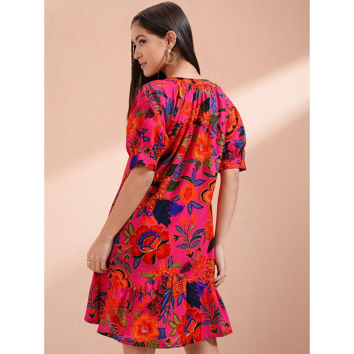 فستان قصير بطبعة زهور وأكمام منفوخة-women-clothing-ethnicwear-dresses-image-3