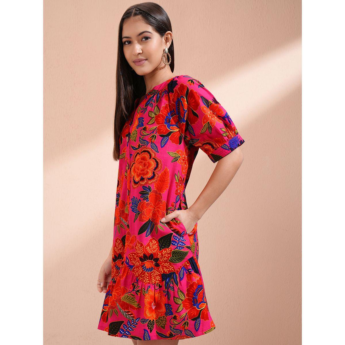 فستان قصير بطبعة زهور وأكمام منفوخة-women-clothing-ethnicwear-dresses-image-4