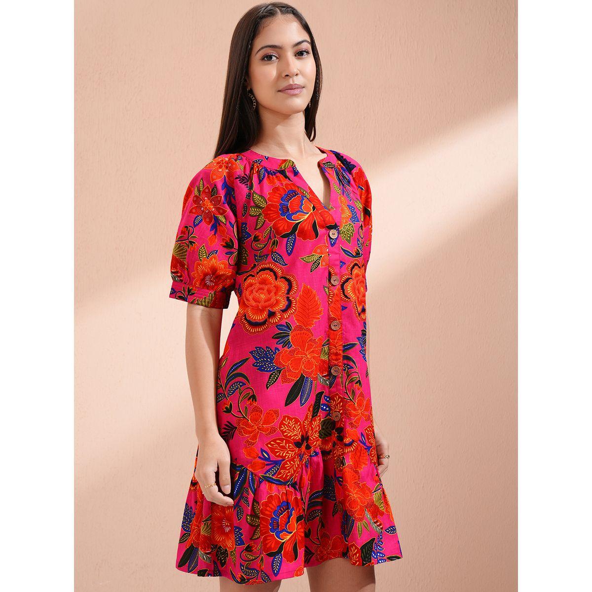 Vishudh Women Floral Print Puff Sleeves Cotton A-Line Mini Dress-women-clothing-ethnicwear-dresses-image-6