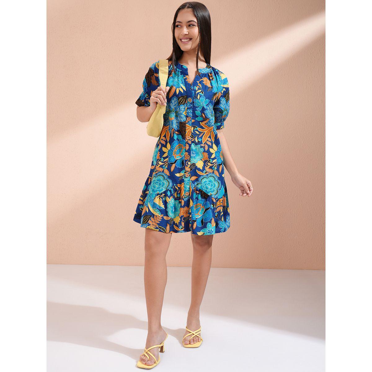 Vishudh Women Floral Print Puff Sleeves Cotton A-Line Mini Dress-women-clothing-ethnicwear-dresses-image-2