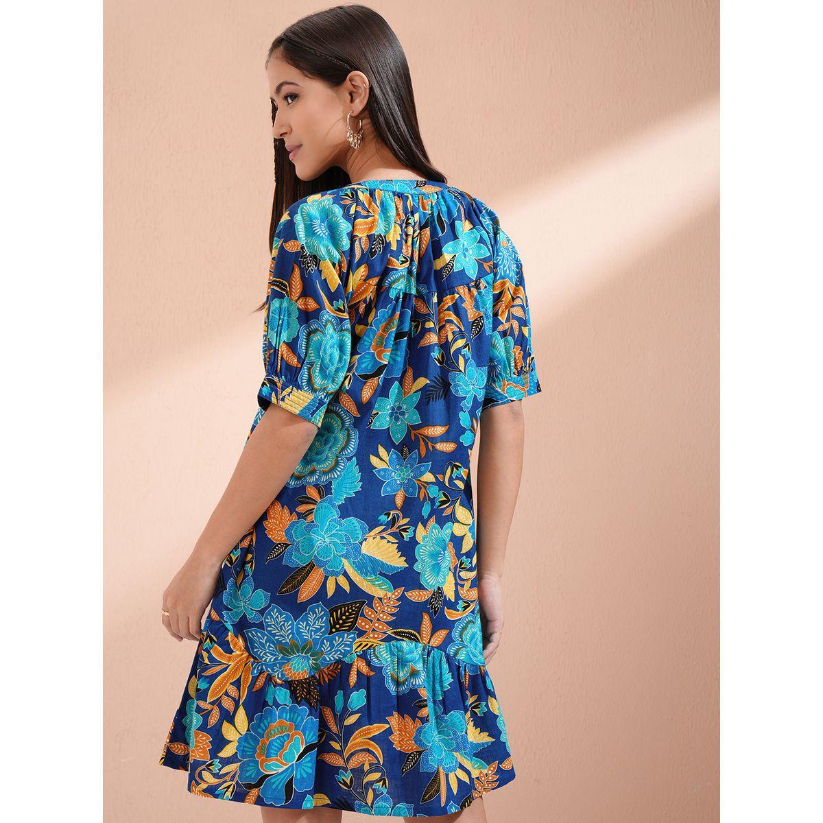 Vishudh Women Floral Print Puff Sleeves Cotton A-Line Mini Dress-women-clothing-ethnicwear-dresses-image-3
