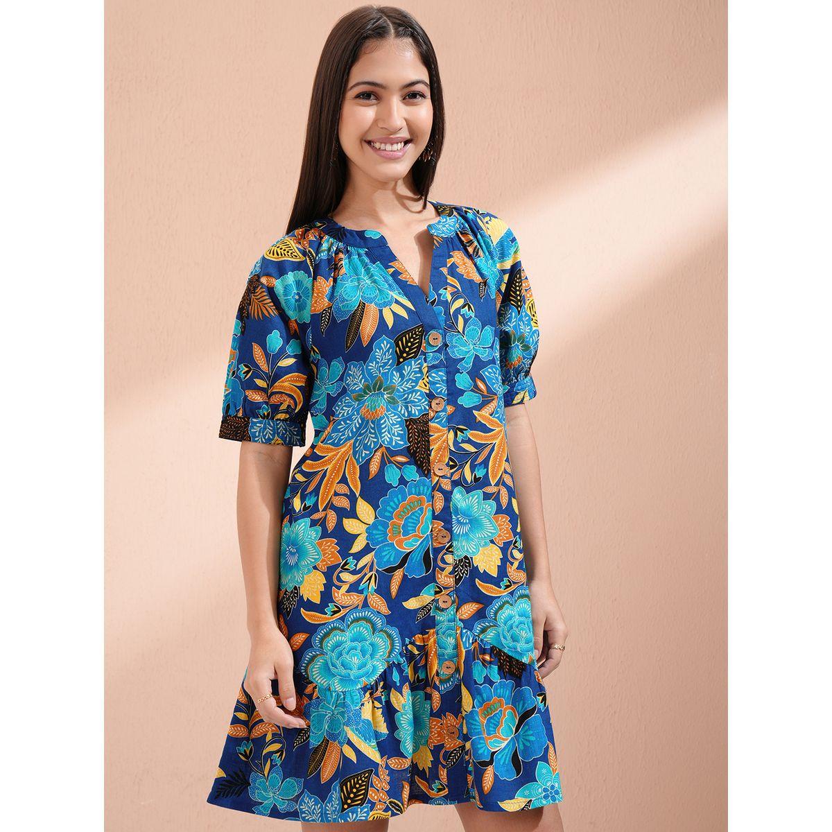 Vishudh Women Floral Print Puff Sleeves Cotton A-Line Mini Dress-women-clothing-ethnicwear-dresses-image-6