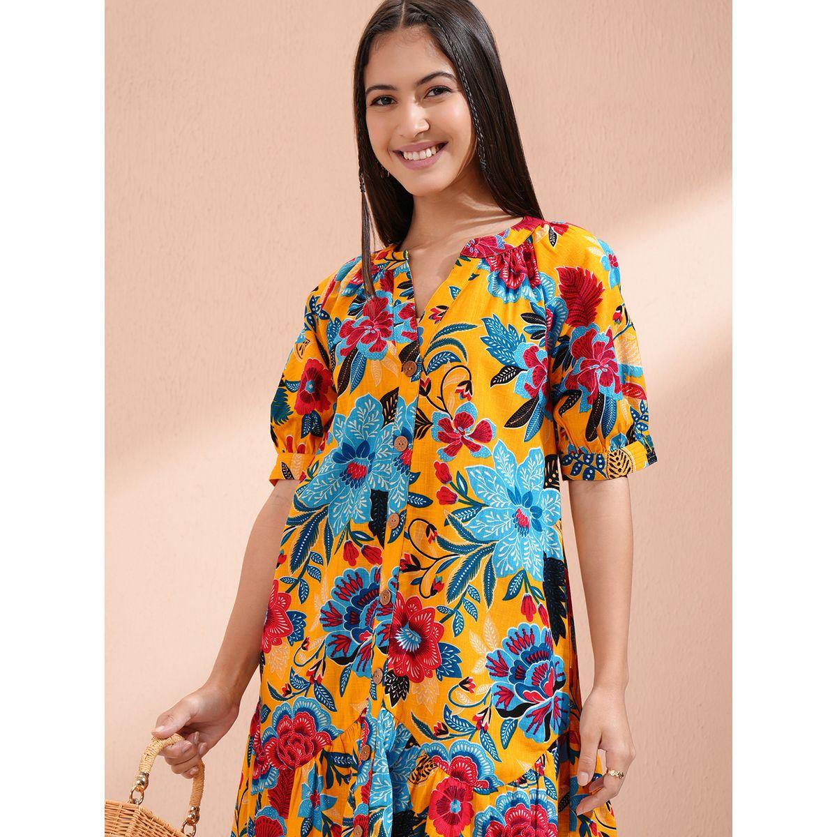 Vishudh Women Floral Print Puff Sleeves Cotton A-Line Mini Dress-women-clothing-ethnicwear-dresses-image-1