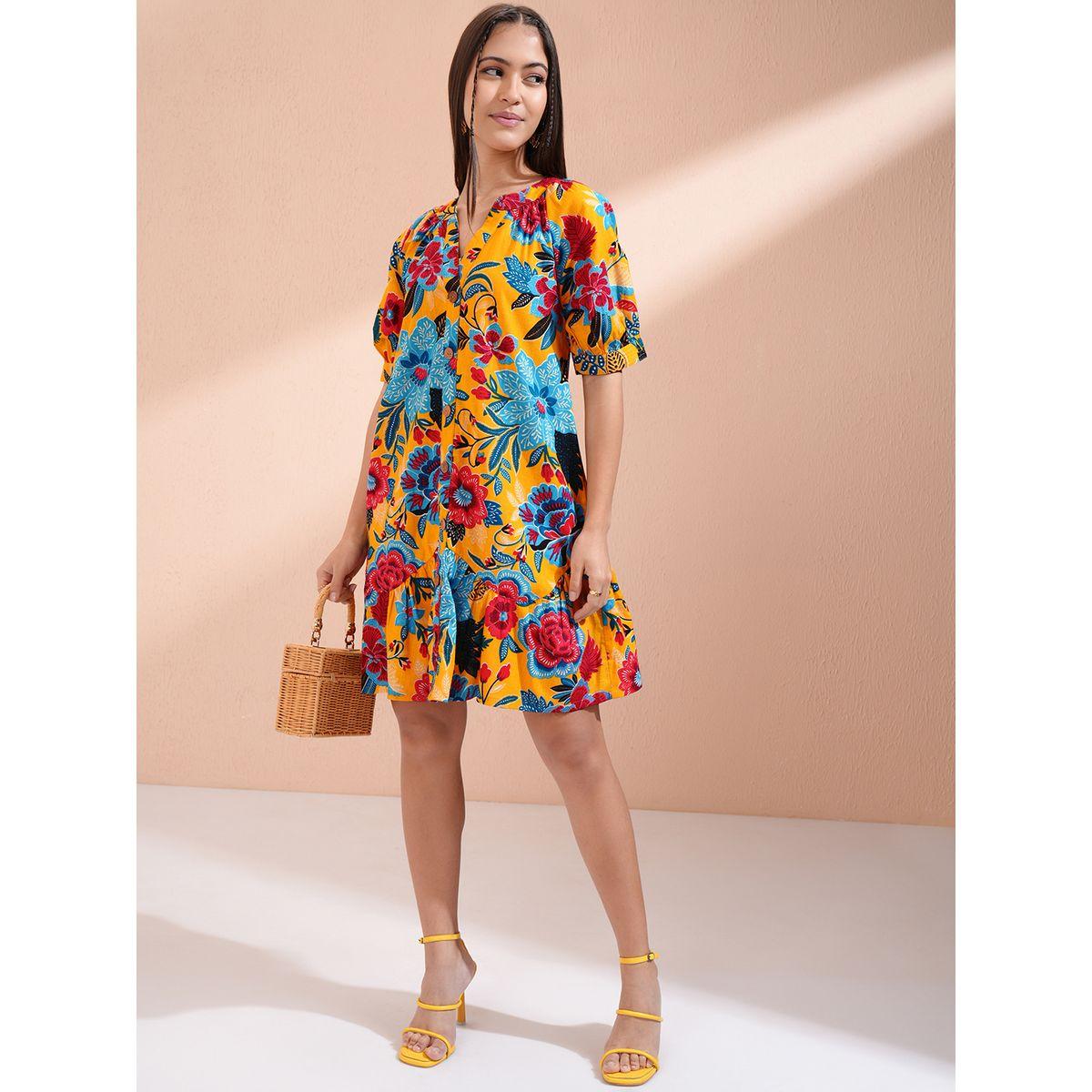 Vishudh Women Floral Print Puff Sleeves Cotton A-Line Mini Dress-women-clothing-ethnicwear-dresses-image-2