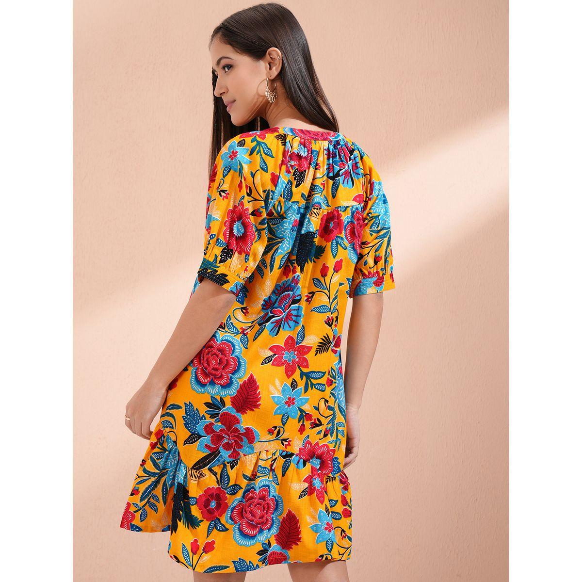 Vishudh Women Floral Print Puff Sleeves Cotton A-Line Mini Dress-women-clothing-ethnicwear-dresses-image-3