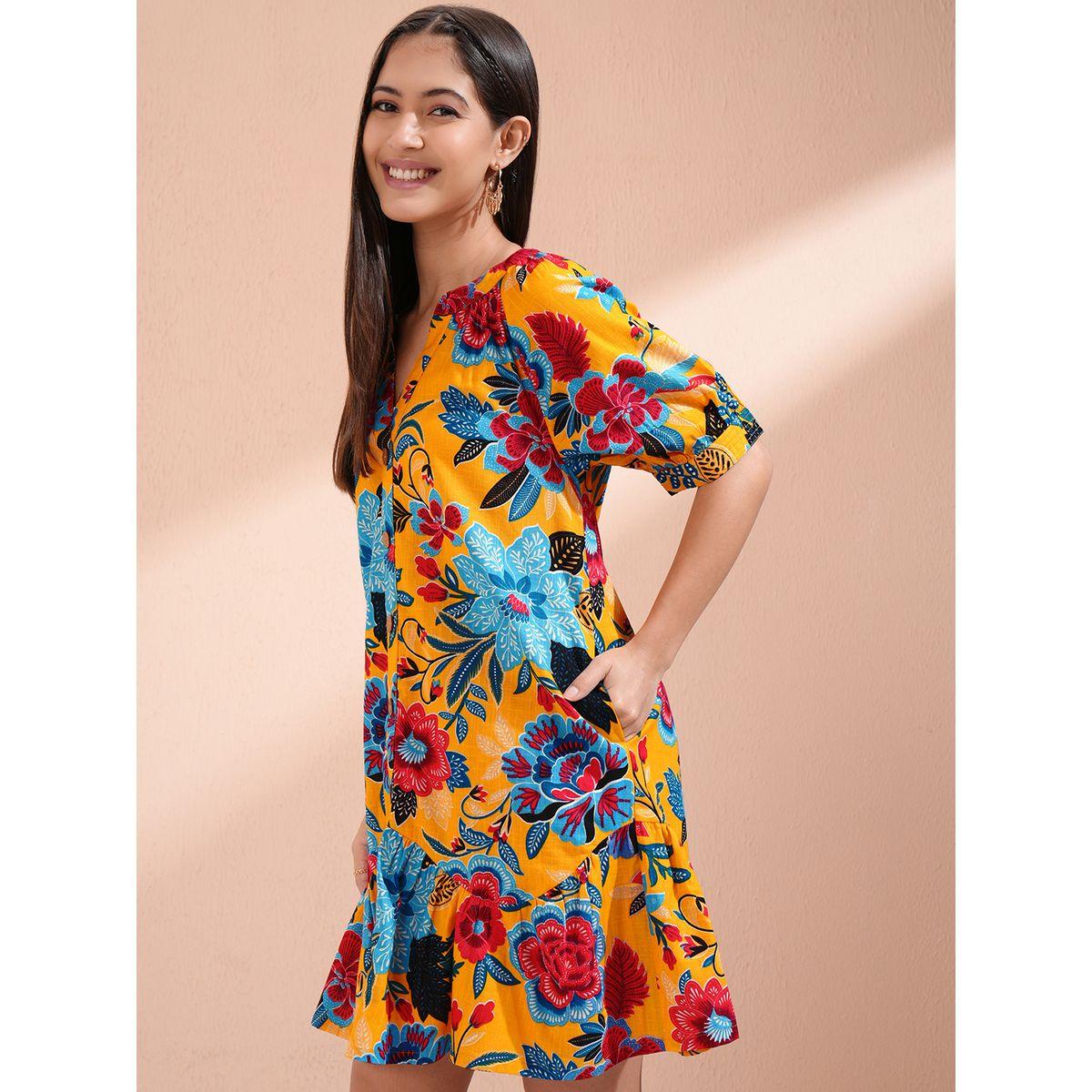 Vishudh Women Floral Print Puff Sleeves Cotton A-Line Mini Dress-women-clothing-ethnicwear-dresses-image-4