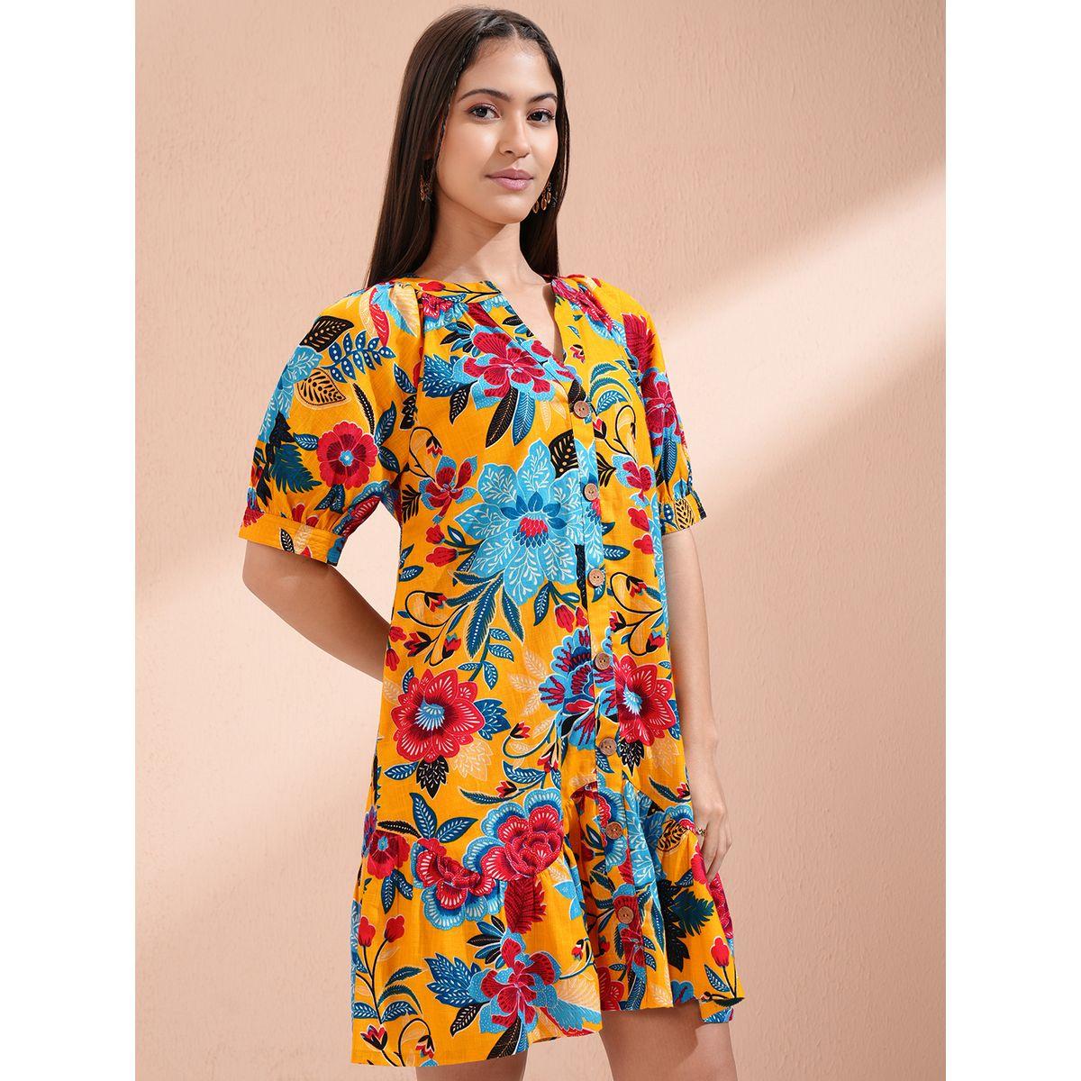 Vishudh Women Floral Print Puff Sleeves Cotton A-Line Mini Dress-women-clothing-ethnicwear-dresses-image-6