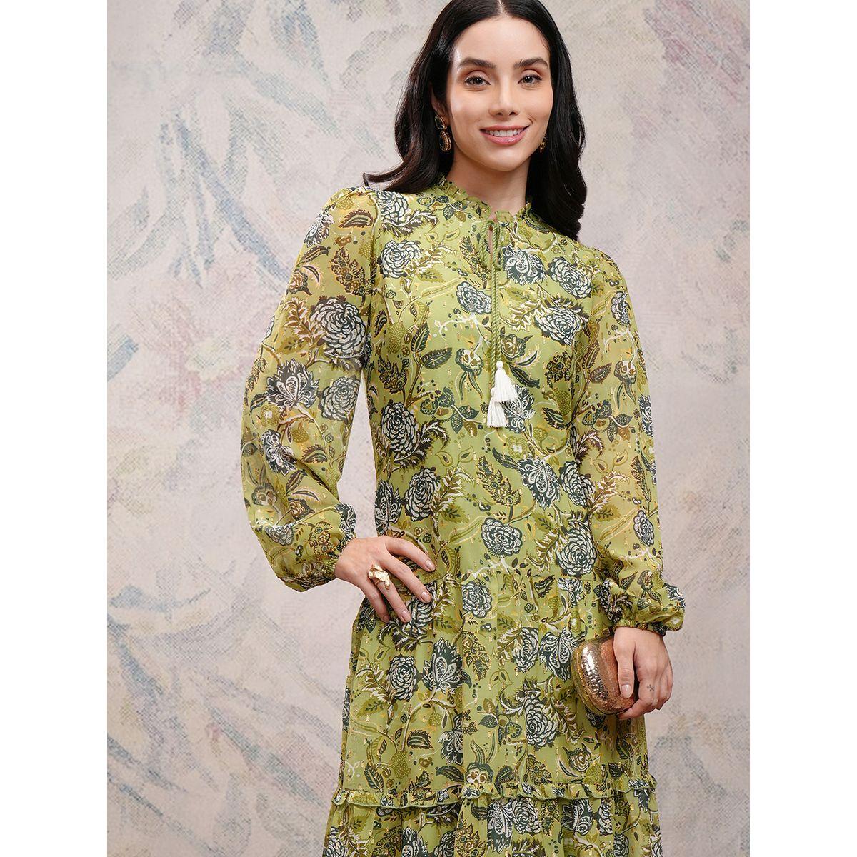 فستان طويل مطبع بزهور مع ياقة بأربطة-women-clothing-ethnicwear-dresses-image-1