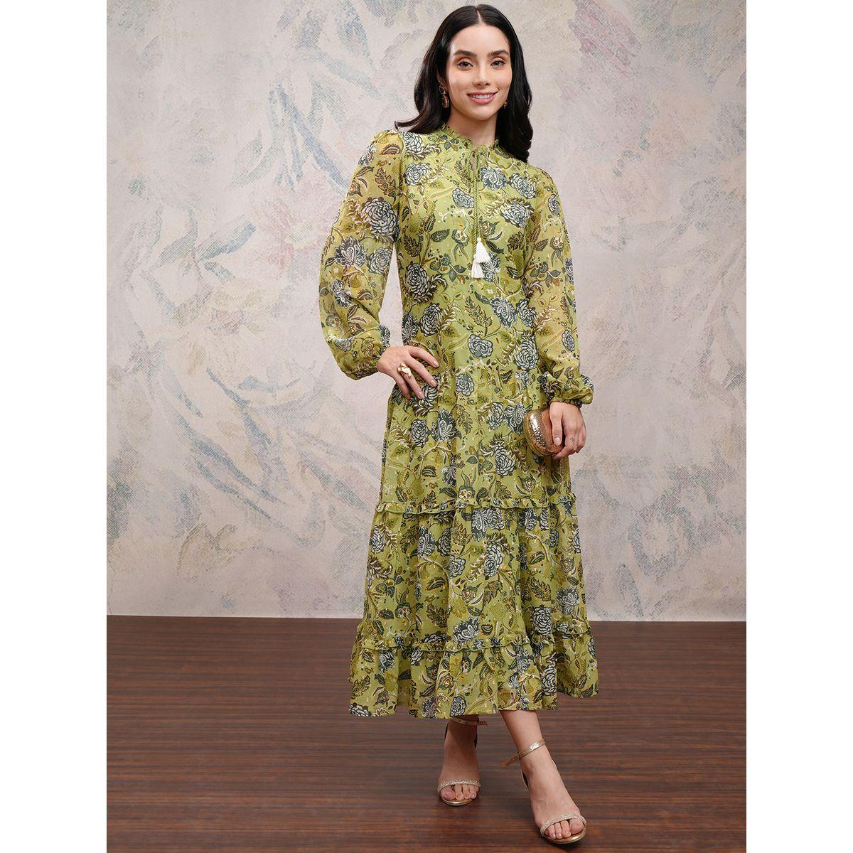 فستان طويل مطبع بزهور مع ياقة بأربطة-women-clothing-ethnicwear-dresses-image-2