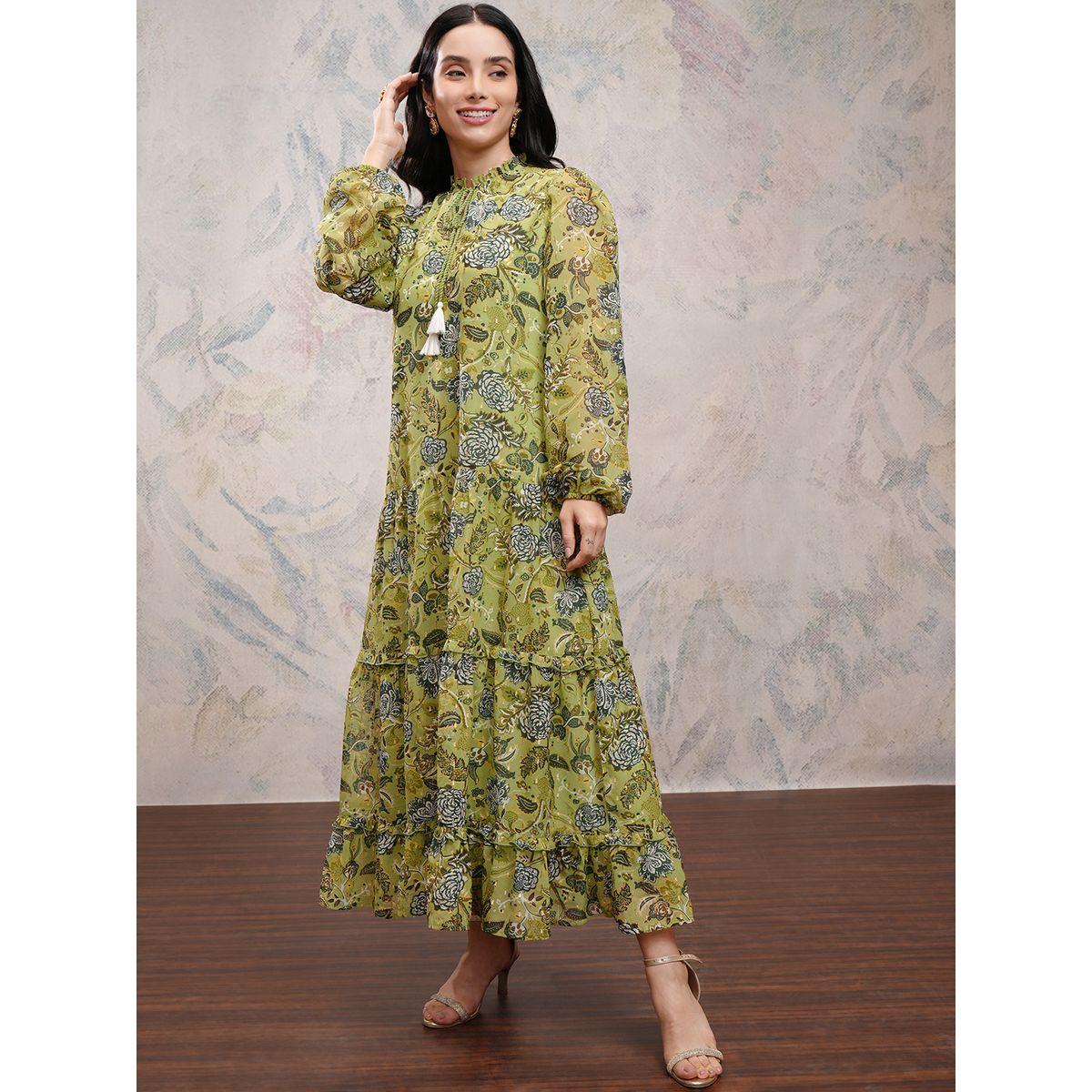 فستان طويل مطبع بزهور مع ياقة بأربطة-women-clothing-ethnicwear-dresses-image-4